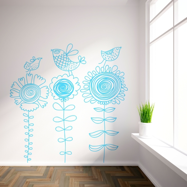 Vinilo decorativo pájaros sobre flores